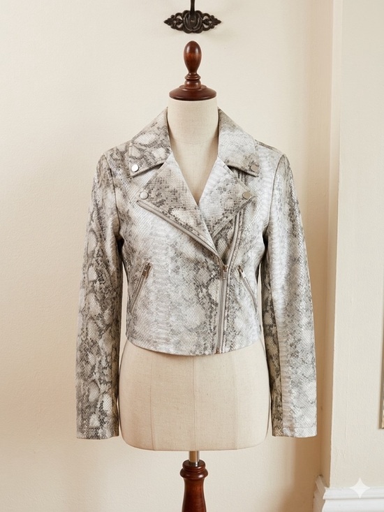 Dynamite Jackets & Blazers - Dynamite Snake-Print Faux Leather Moto Jacket - Gray